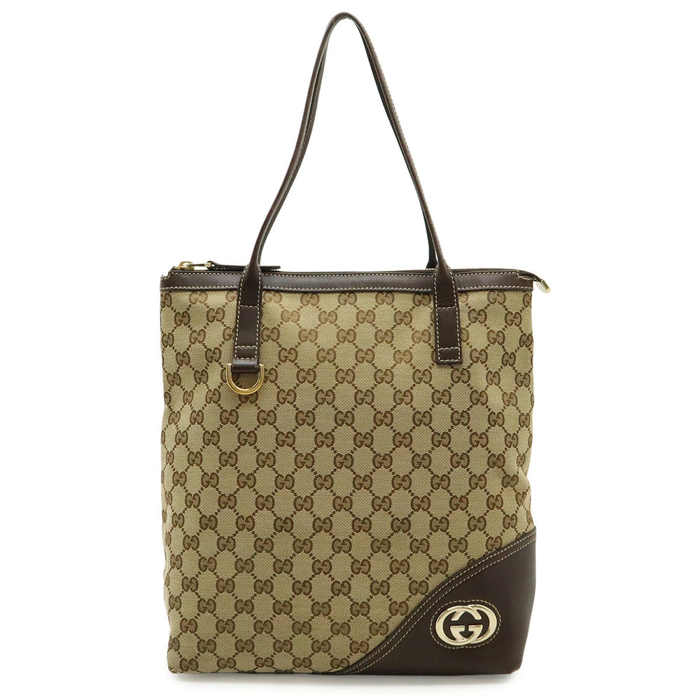 Gucci GG Canvas Tote Bag Shoulder Leather Beige Cream Brown